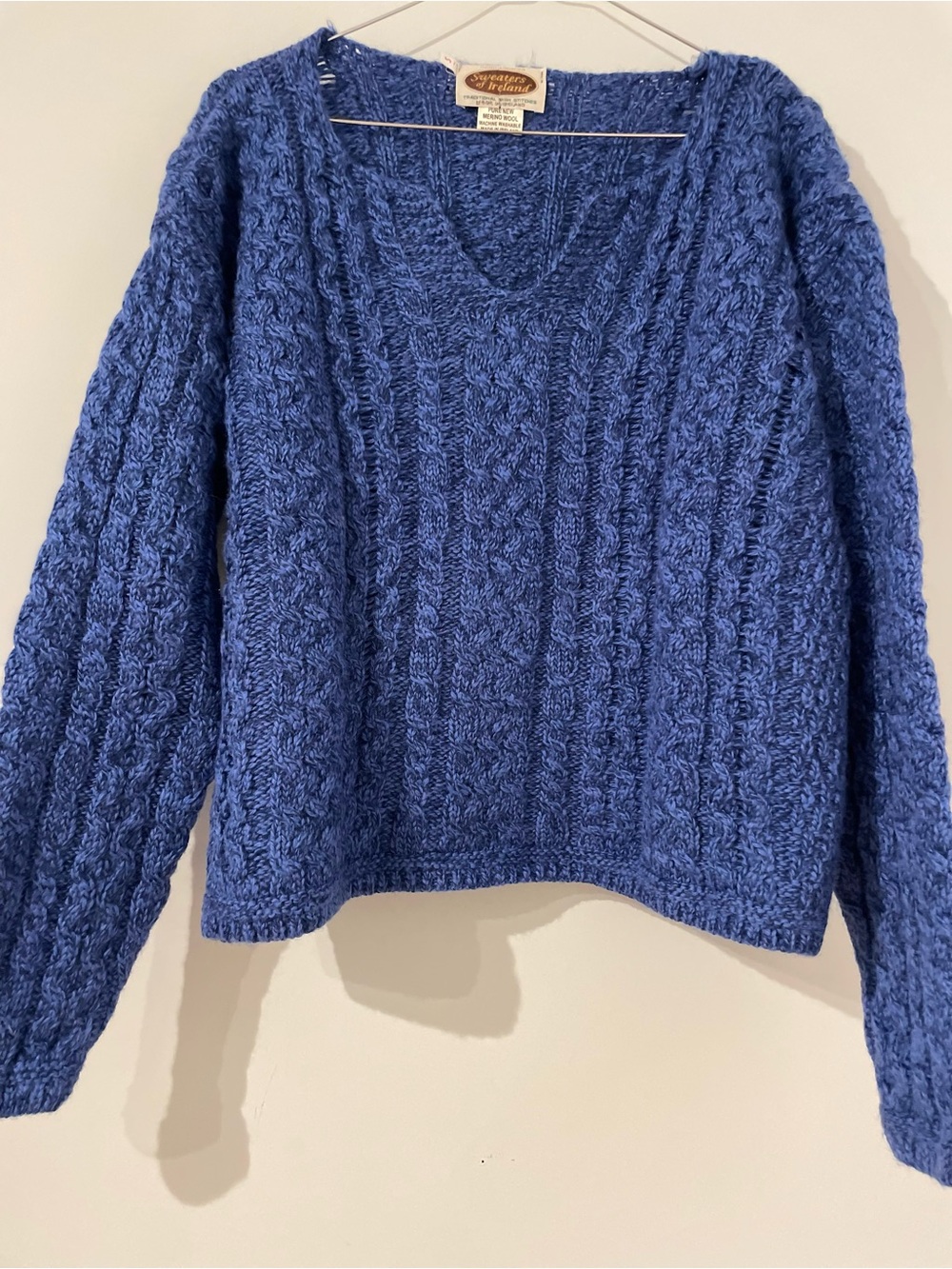 Handknit Cable V-Neck Sweater in Blue